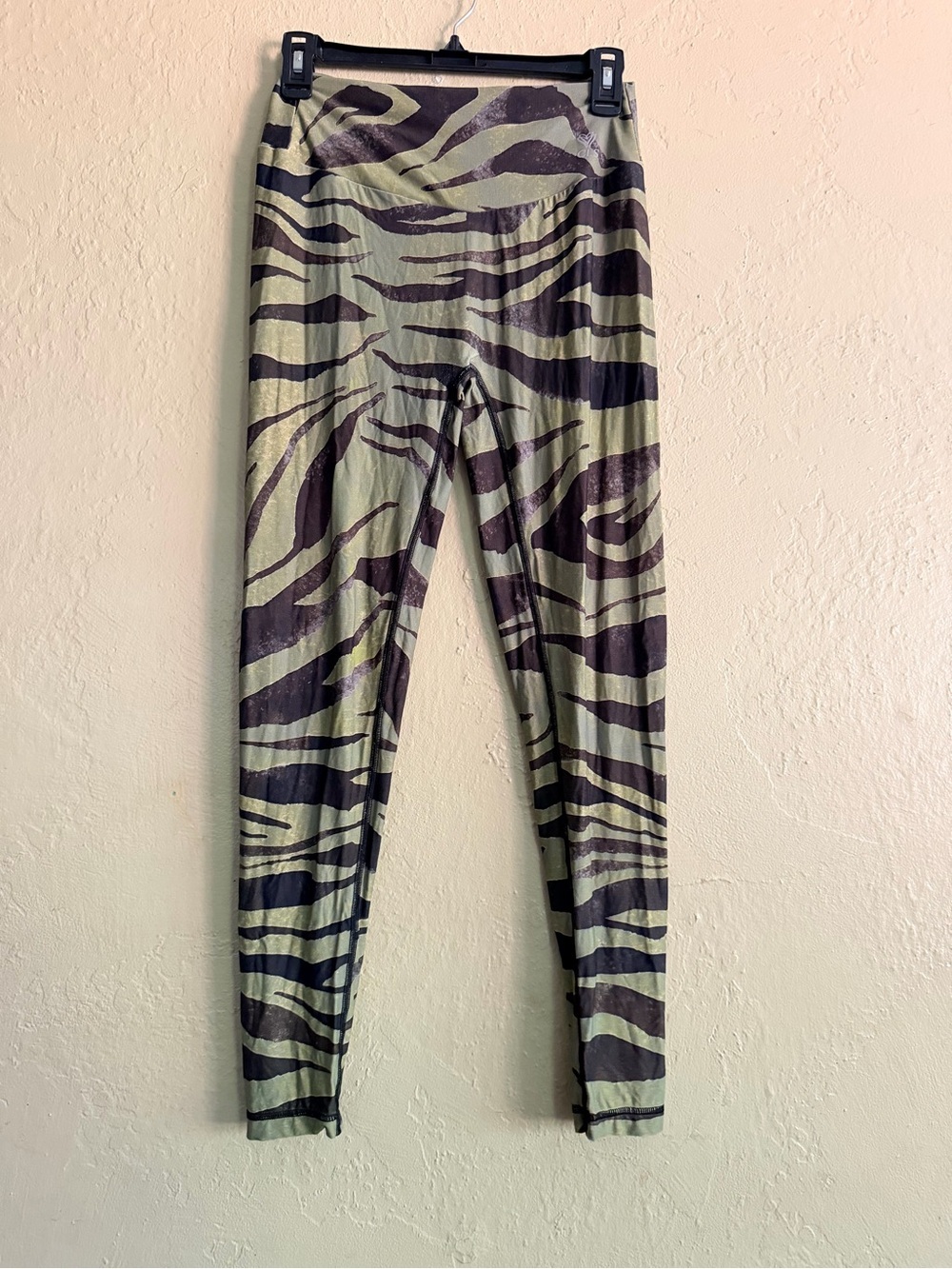High-Waist Zebra Print Leggings in Olive and Black waist 14"